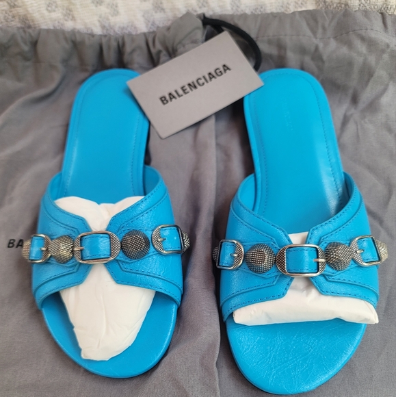 Balenciaga Cagole ARENA LAMBSKIN Blue Women's Slide Sandals. New In Box.  COA - Picture 1 of 7